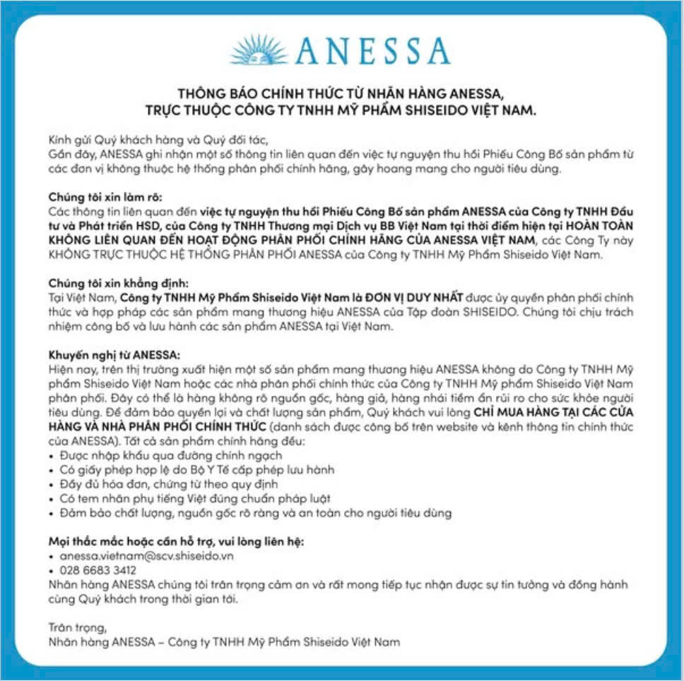 THÔNG BÁO CHÍNH THỨC TỪ NHÃN HÀNG ANESSA